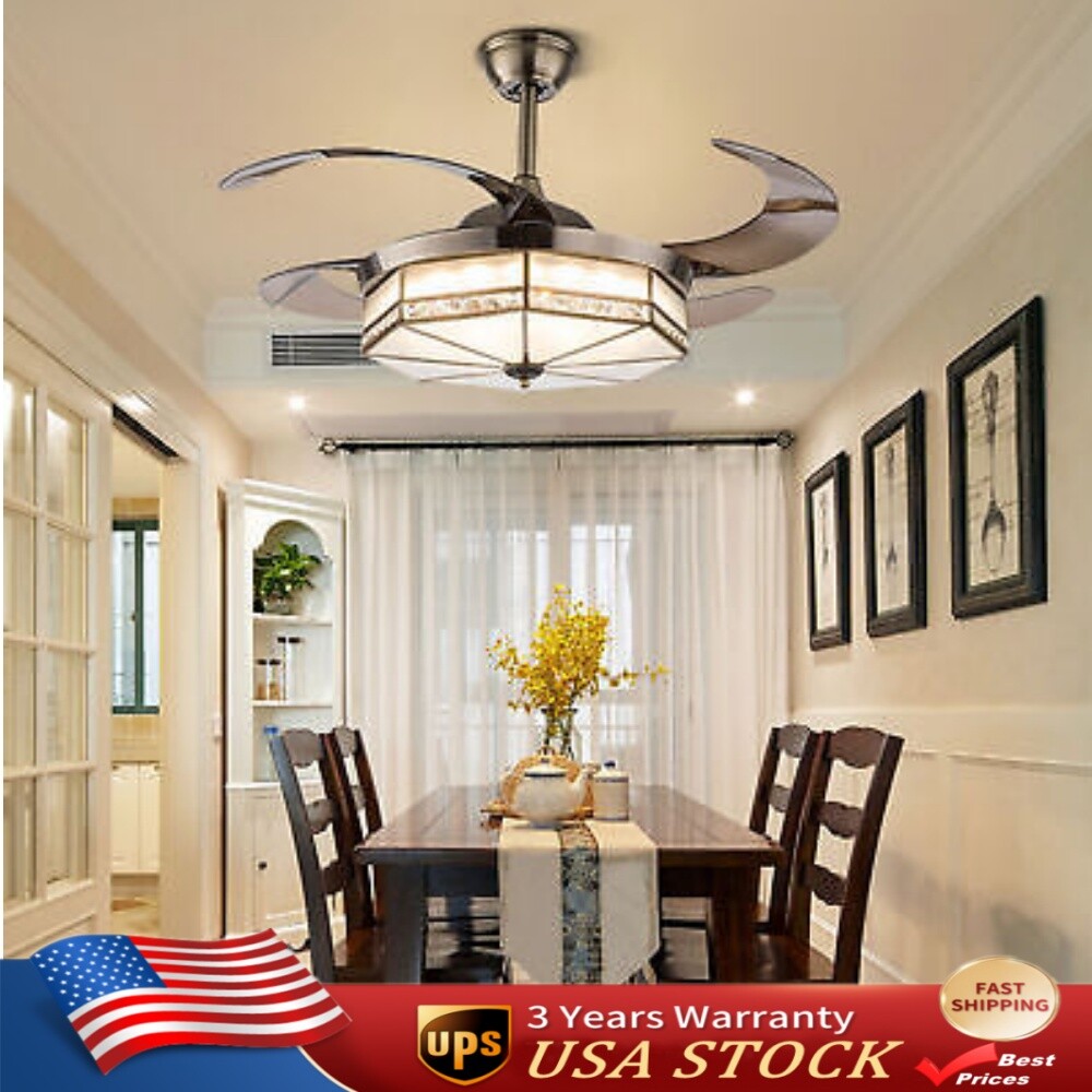 Modern Retractable Blade Ceiling Fan with Remote & 3-Color LED Light
