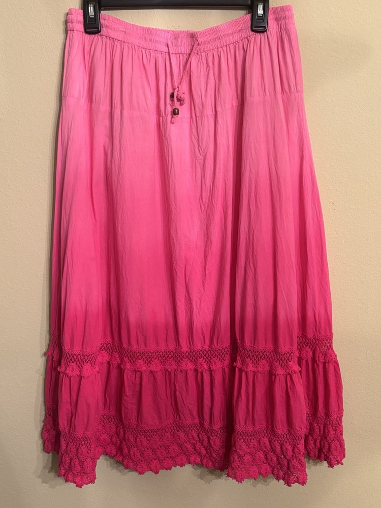 BOBBIE BROOKS Women's Large Pink Ombre Long Adjustable Cottagecore Tiered Skirt