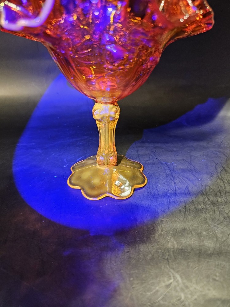 Vintage Fenton Amberina Compote Candy Dish Ruffled Rin Stem Footed Cabbage Rose