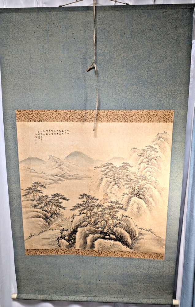 Japanese Landscape Painting on Hanging Scroll, Traditional Artwork from Japan