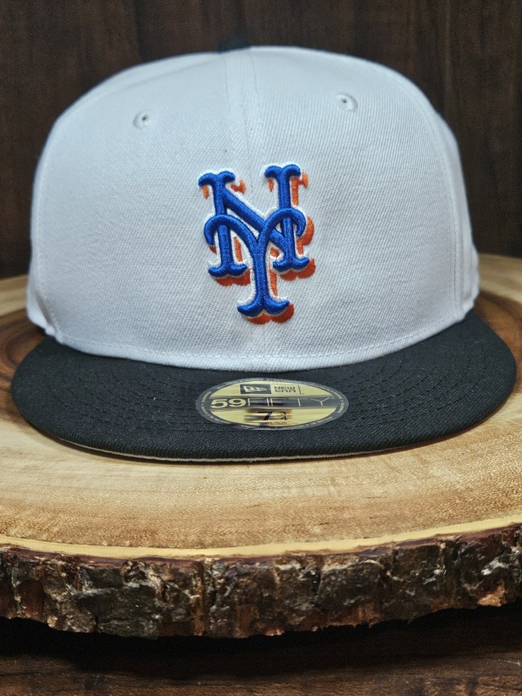 New Era 59Fifty New York Mets Fitted Hat White Black Size 7 3/4 MLB Baseball Cap