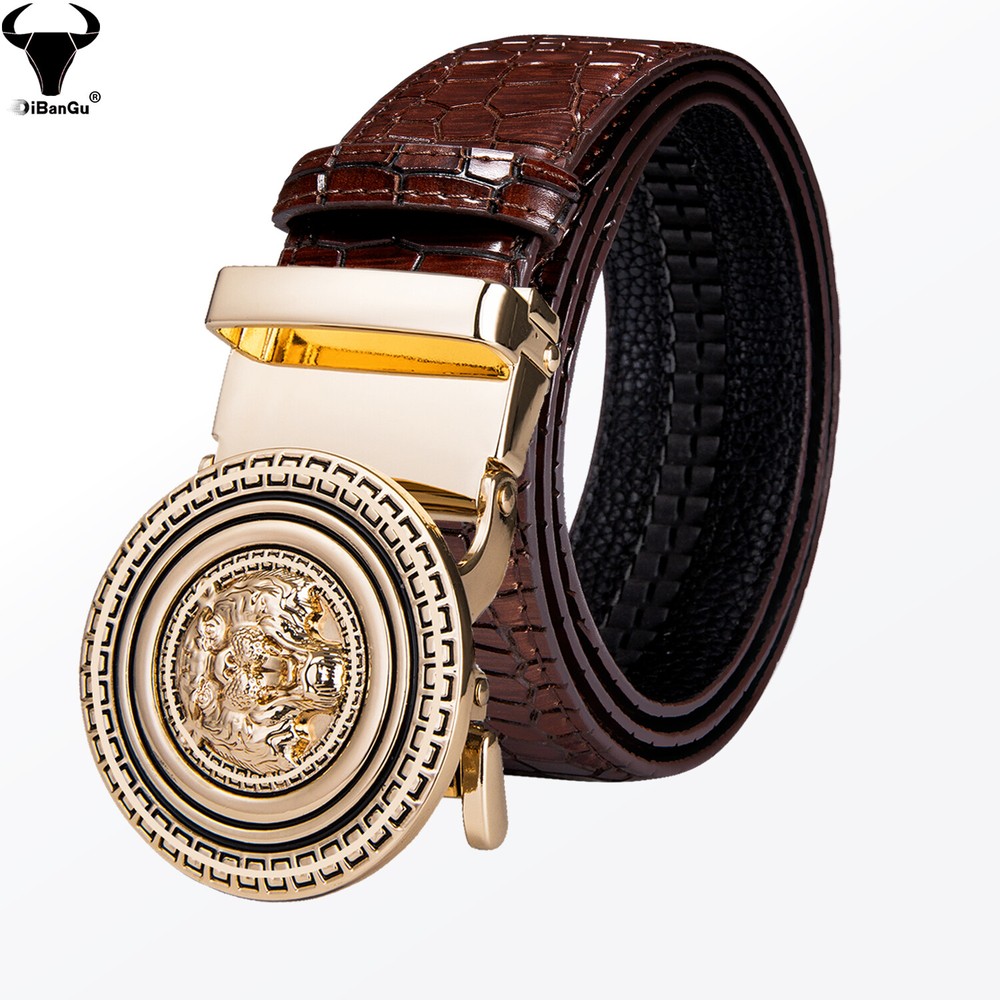 Luxury Men's Gold Tiger Automatic Buckle Belt Ratchet Leather Strap