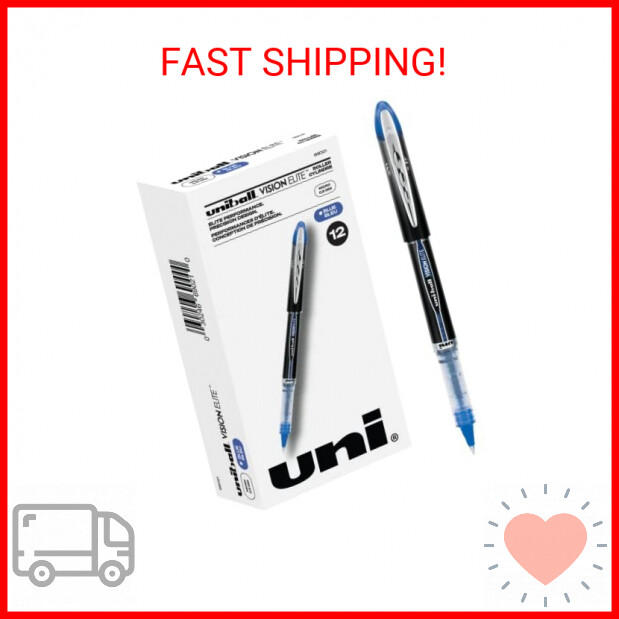 Uniball Vision Elite Rollerball Pens, Blue Pens Pack of 12, Micro Pens with 0.5m
