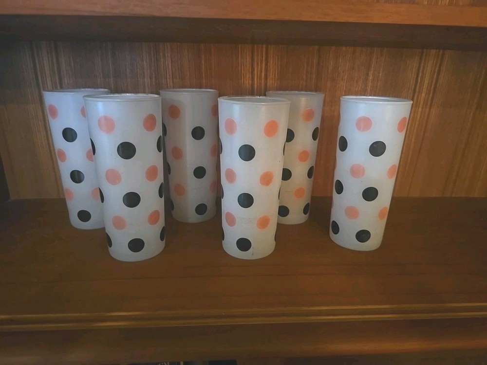 Vintage Anchor Hocking 1950s Pink And Black Polka Dot Collins Glass Set Of Six