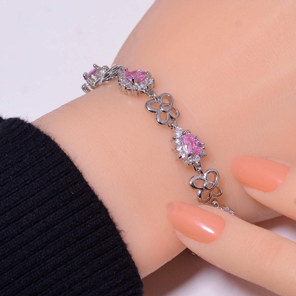 Pink Sapphire & CZ Simulated 925 Sterling Silver Tennis Bracelet 7.99