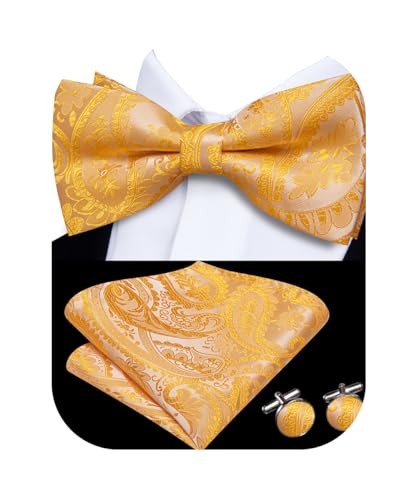 Men's Pre-Tied Bow Tie with Gold Orange Paisley Pocket Square