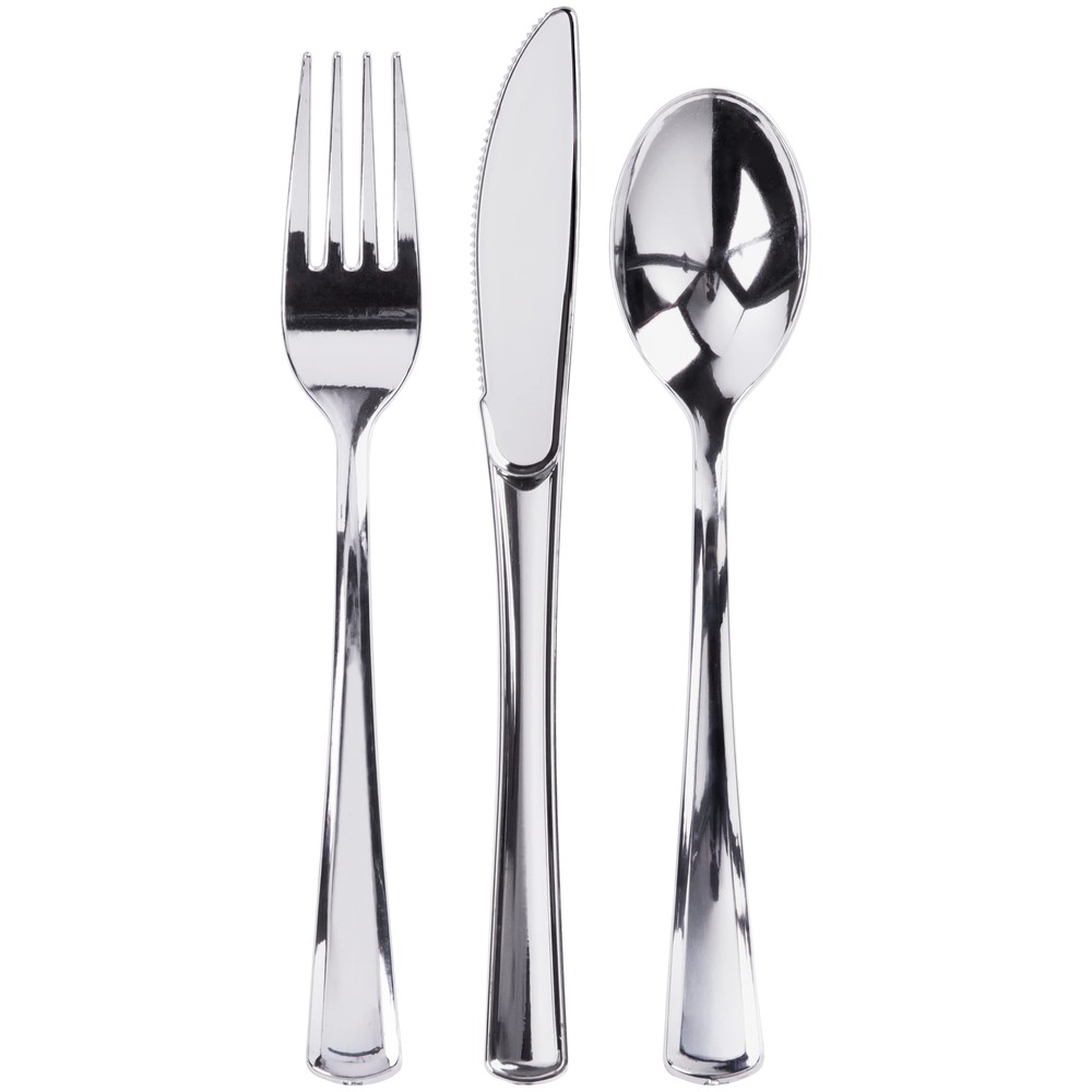 300 Plastic Silverware Set - 100 Silver Plastic Cutlery - Plastic Silverware ...