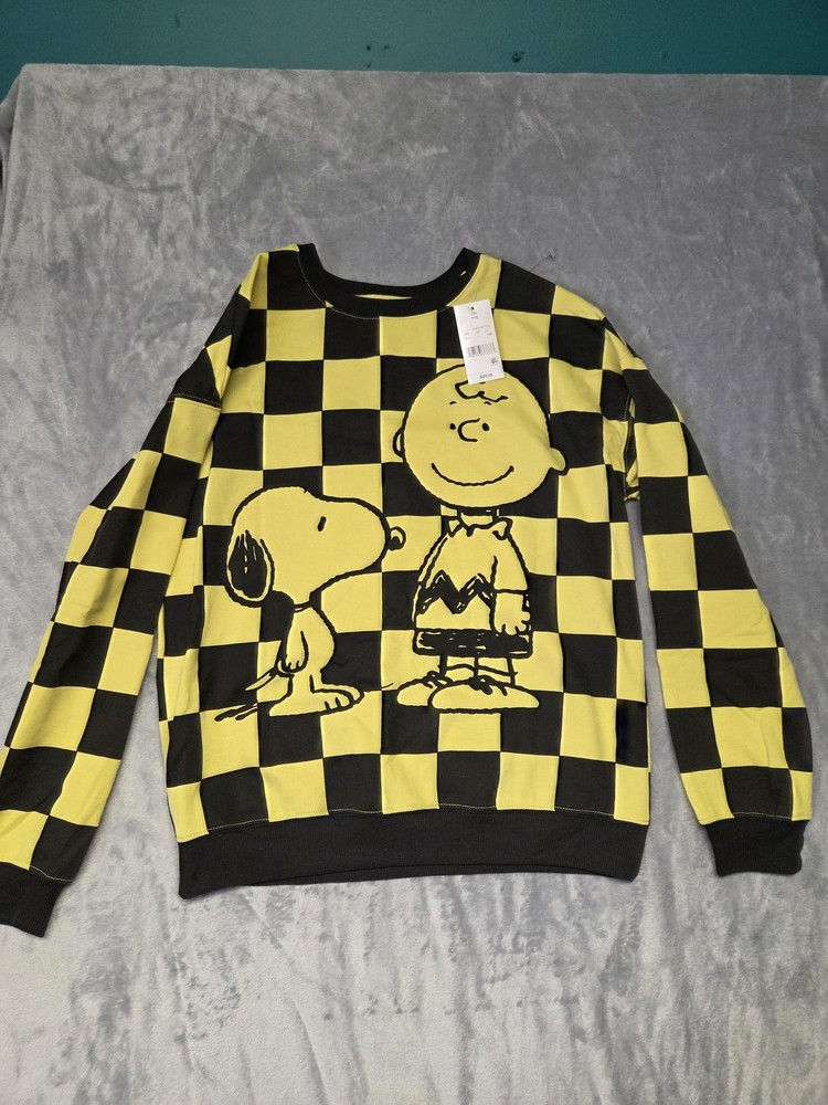 Peanuts Sweatshirt Womens XS Yellow Black Checkerboard Snoopy Charlie Brown