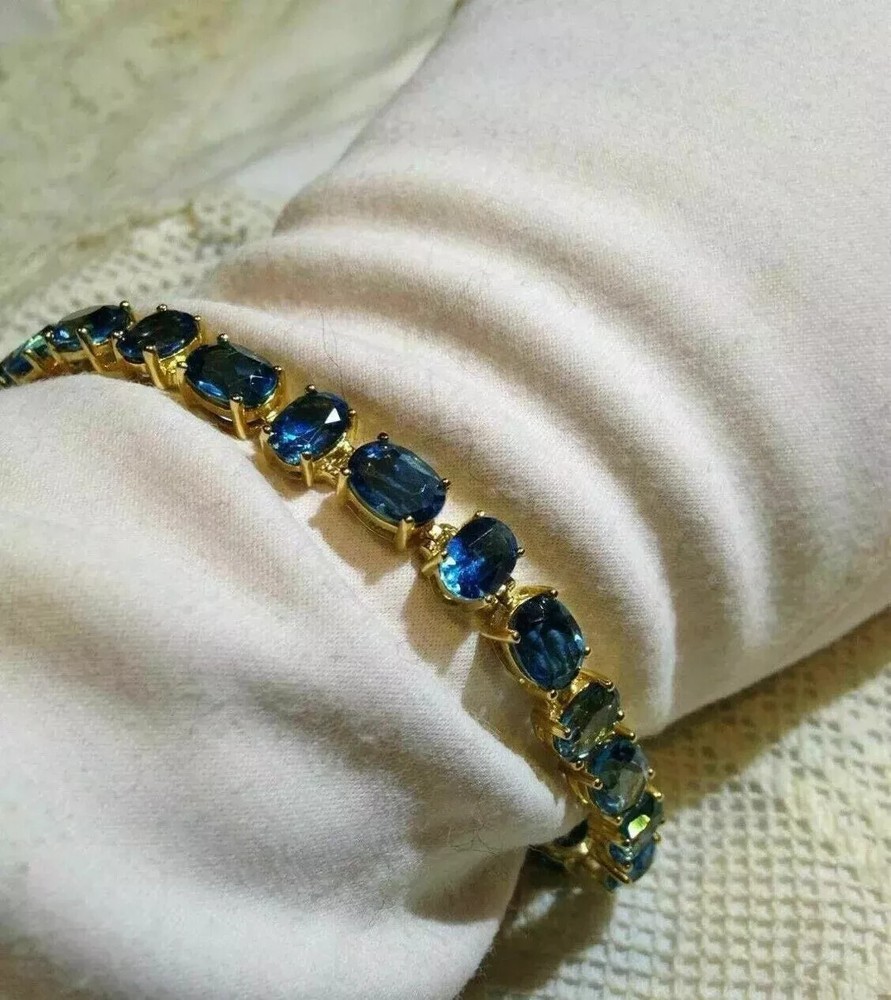 14K Yellow Gold Plated Oval Lab-Created London Blue Topaz Tennis Bracelet