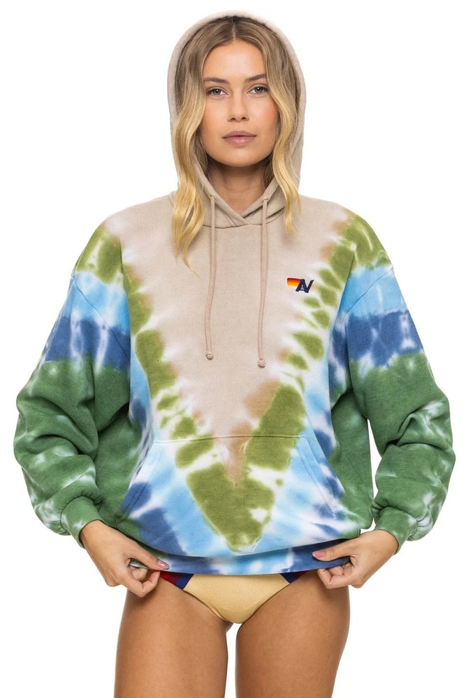 Aviator Nation Hand Dyed V Relaxed Pullover Hoodie Unisex Size M Sand/Blue Green