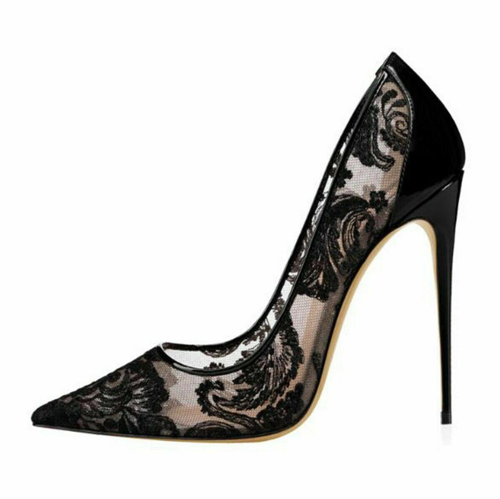 Women's Lace Hollow Out Pointed Toe Stiletto High Heels Mesh Shoes Plus Size