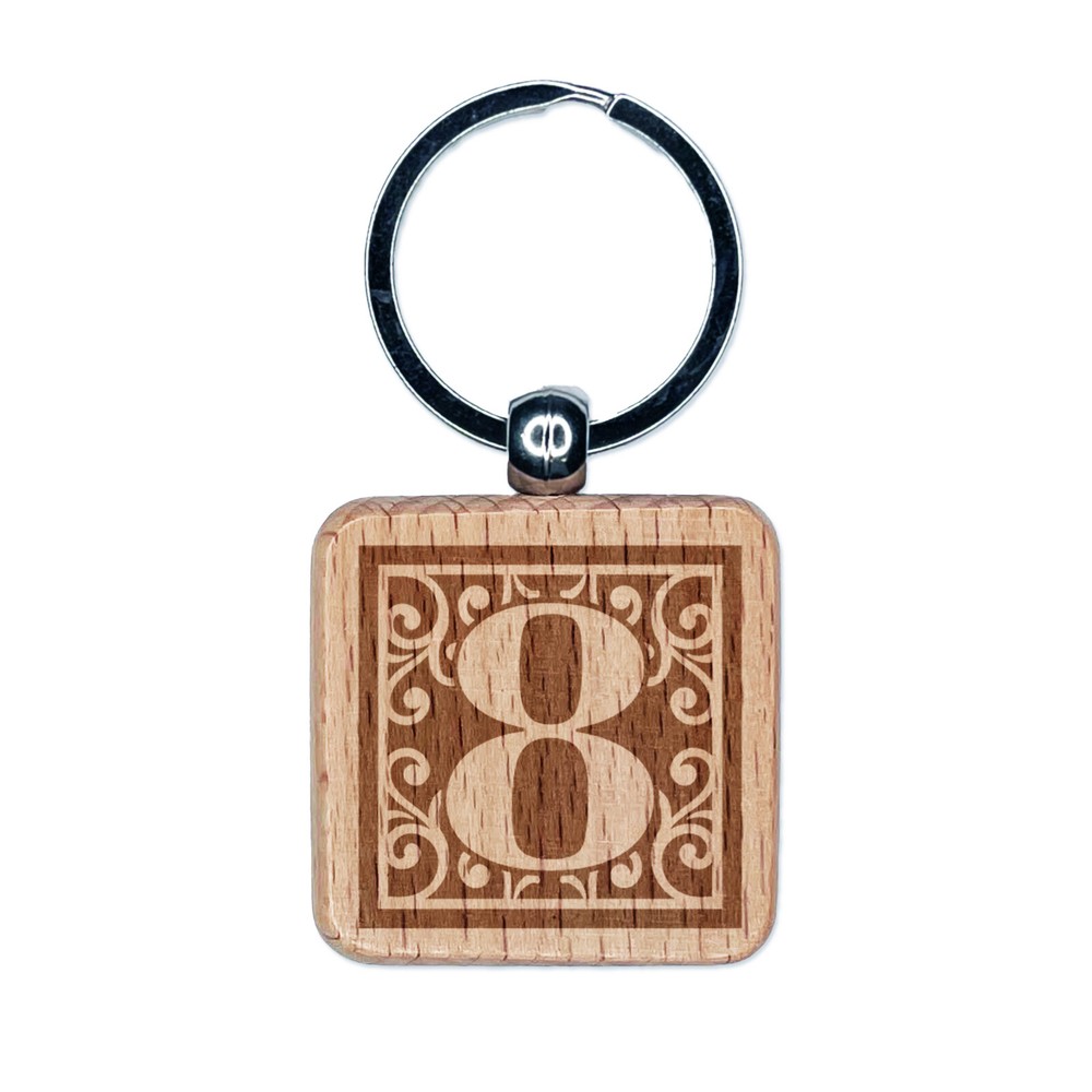 Monogram Swirls Engraved Wooden Number 8 Keychain Charm Tag