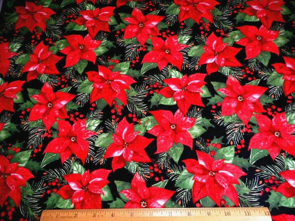 Festive Red Poinsettia Green Pine Black Cotton Christmas Fabric 1 1/3 Yard #56