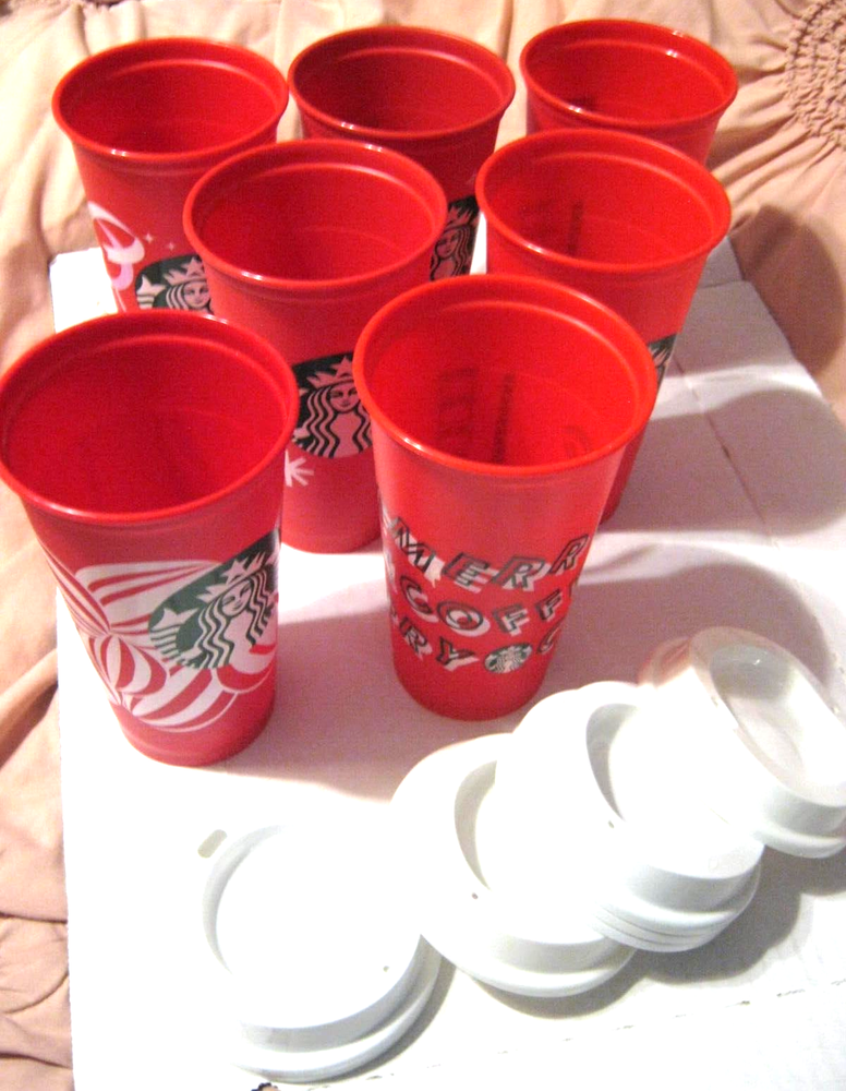 Set of 7 Starbucks Reusable Christmas Red Cups with Lids 7 Different Designs