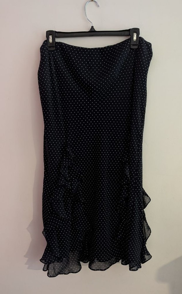 Women's Chaps Black White Polka Dot Ruffle Midi Skirt Size L