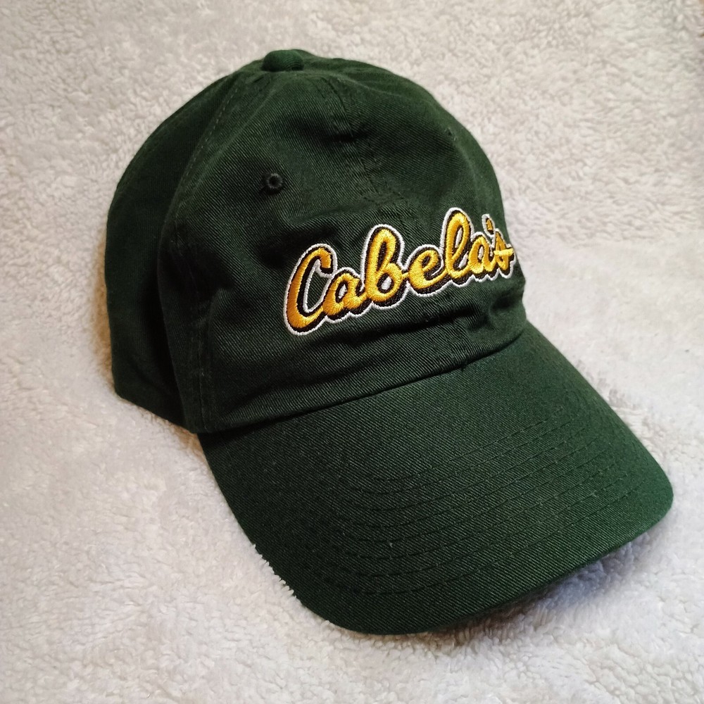 Cabelas Baseball Cap Green Adjustable Hat Embroidered Yellow Logo Strapback