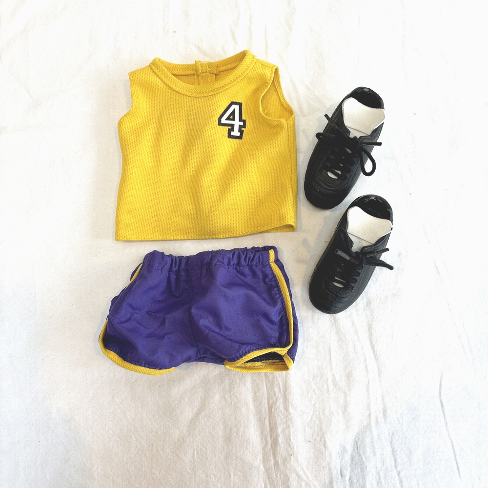 OG Dolls Our Generation Doll Soccer Outfit: Yellow Shirt Purple Shorts & Cleats