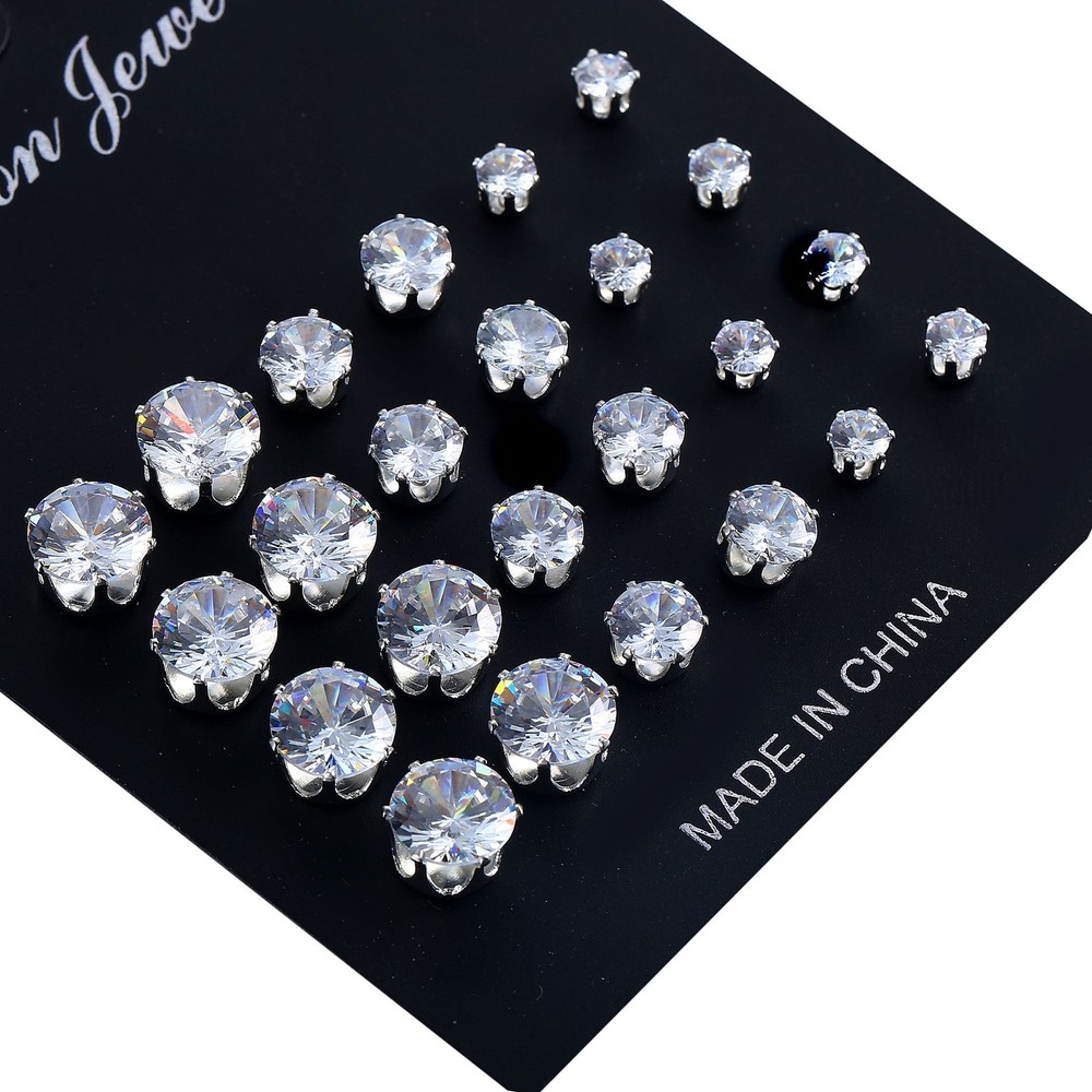 12-Pair Zircon Snowflake Stud Earrings Elegant Shiny Crystal Studs