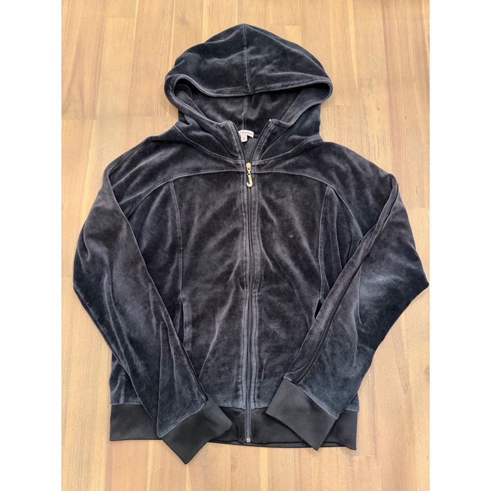 Juicy Couture Black Velour Zip Up Hoodie Rhinestone J Pull Y2K Size M