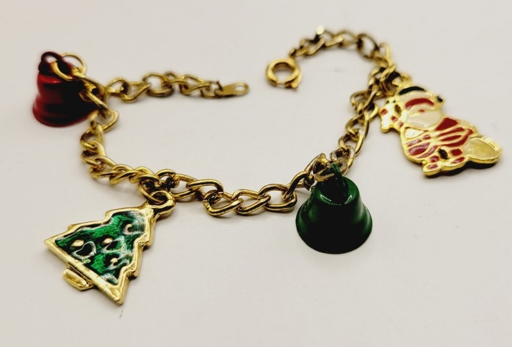CHRISTMAS CHARM BRACELET Dangle Enamel Gold-Tone 6.75