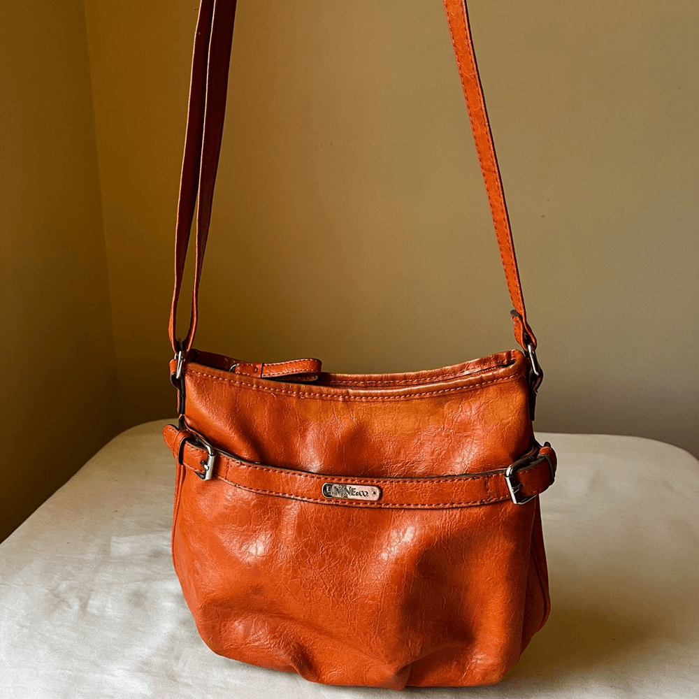 Vintage Y2K Crossbody Bucket Bag Orange Faux Leather Silver Hardware