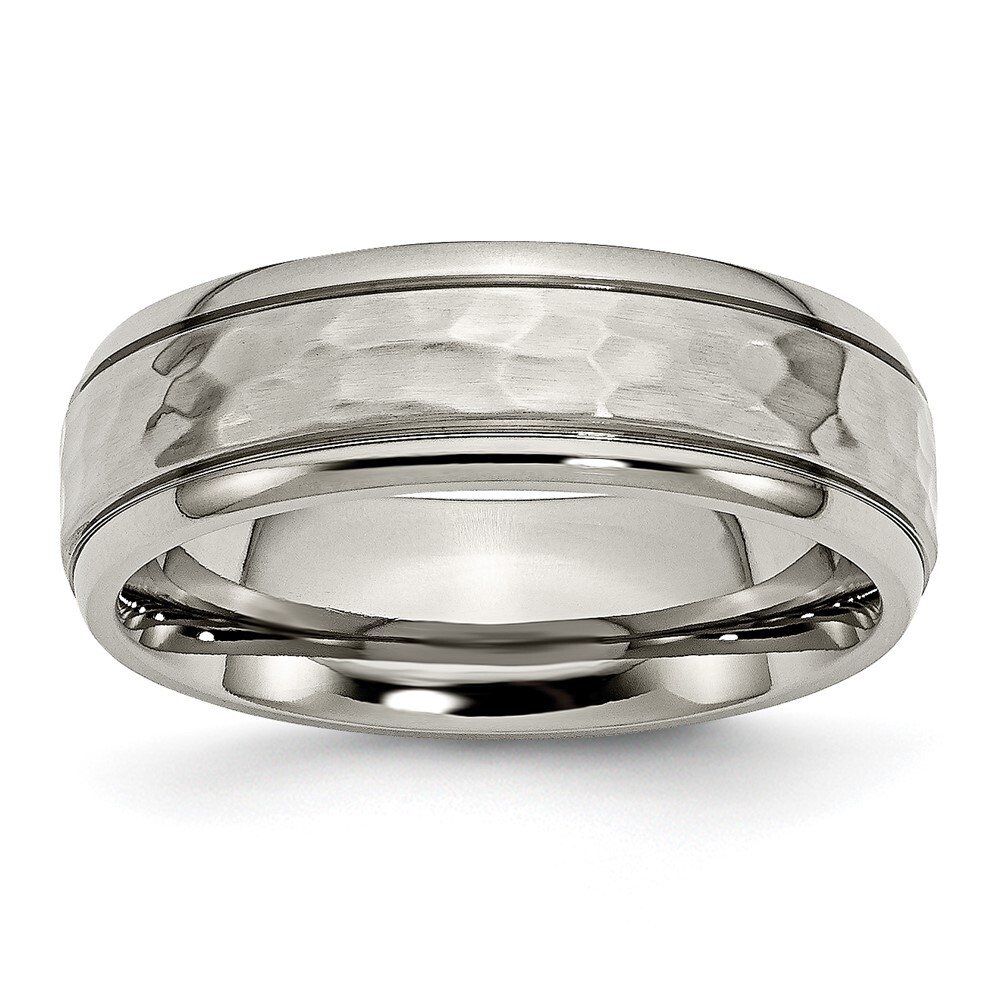 Titanium Polished and Hammered 7mm Grooved Edge Band Ring Size 6