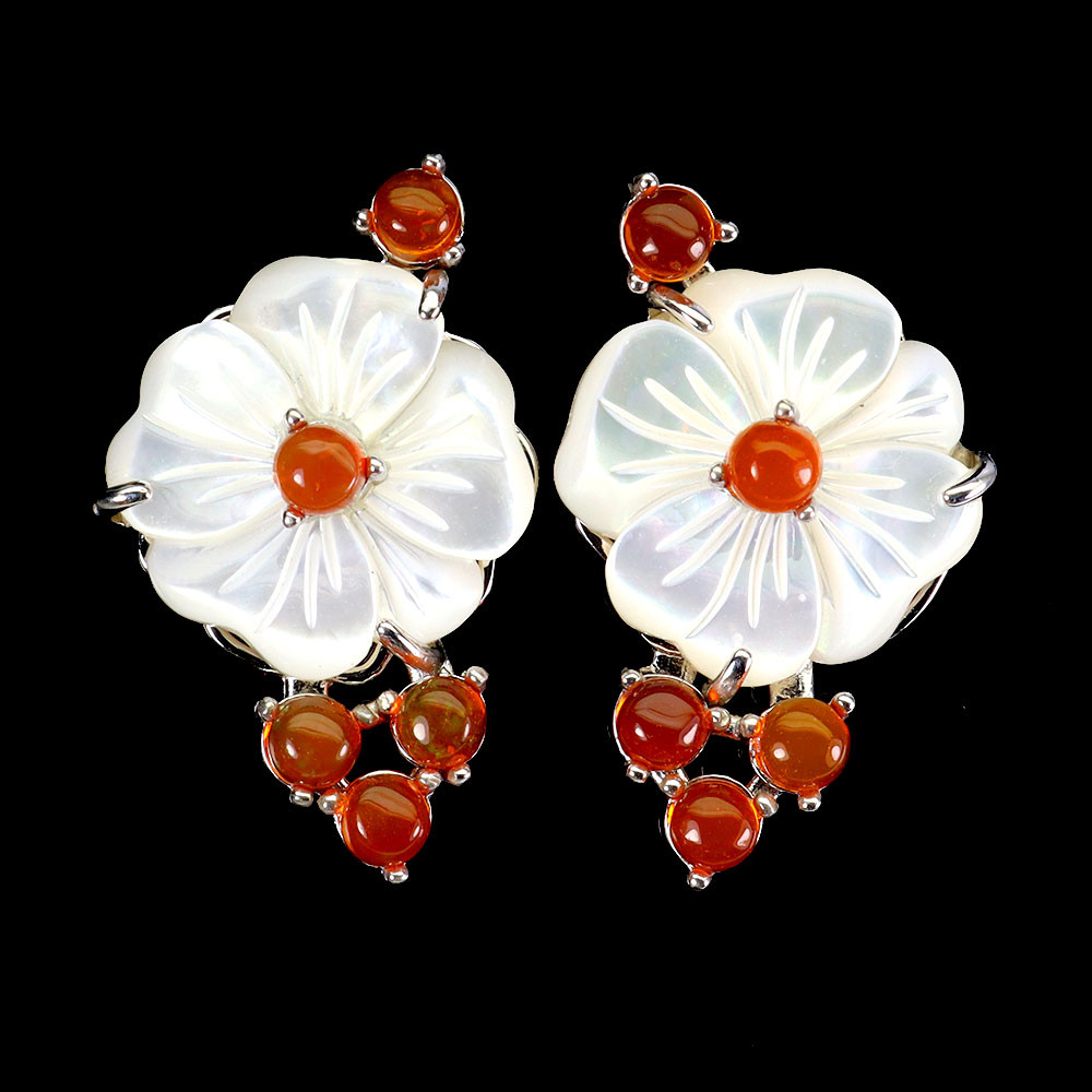 Valentine 925 Silver Earrings Round Orange Opal Mop Gemstone Flower Jewelry