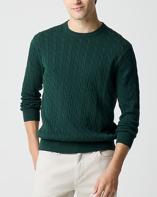 J. Crew Mens Cable Knit Crewneck Sweater Medium Green Cotton