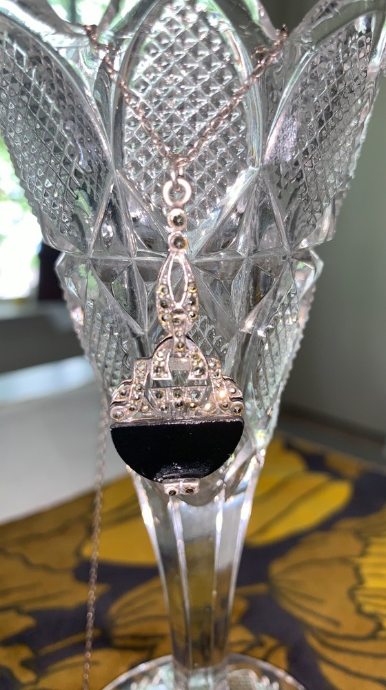 Vtg Sterling Silver Marcasite & Onyx Pendant Necklace Art Deco Style 925 Chain