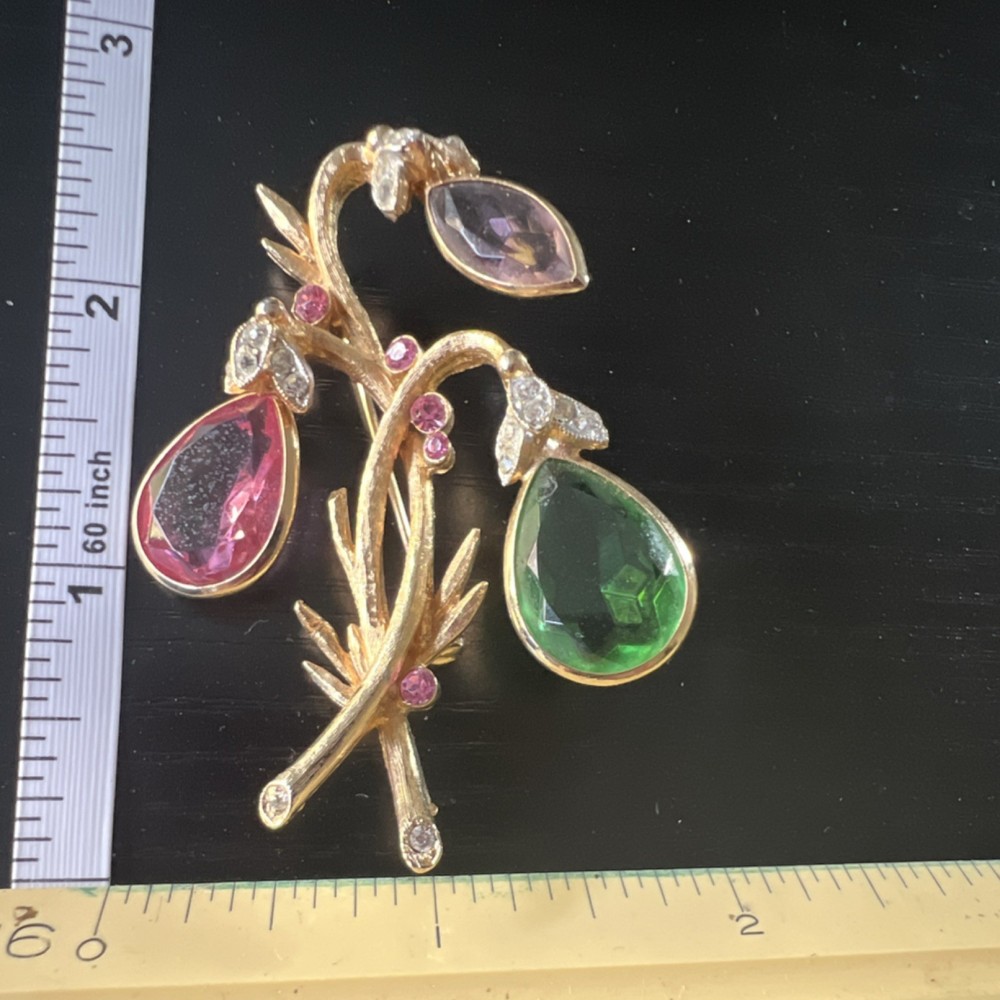 Vintage Gold Tone Flower Brooch Pink Green Purple Glass Teardrop Stones 2.5