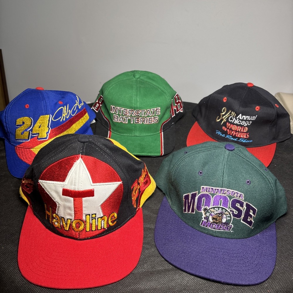 Lot of 5 Vintage Snapback Hat Jeff Gordon Bobby Labonte Havoline Moose Caps