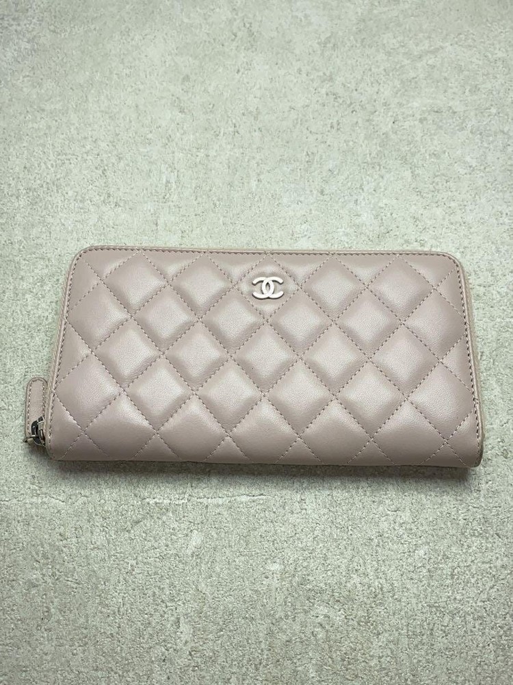 CHANEL Zip Around Long Wallet Matelassé CC Pink Leather F/S Pre-Loved