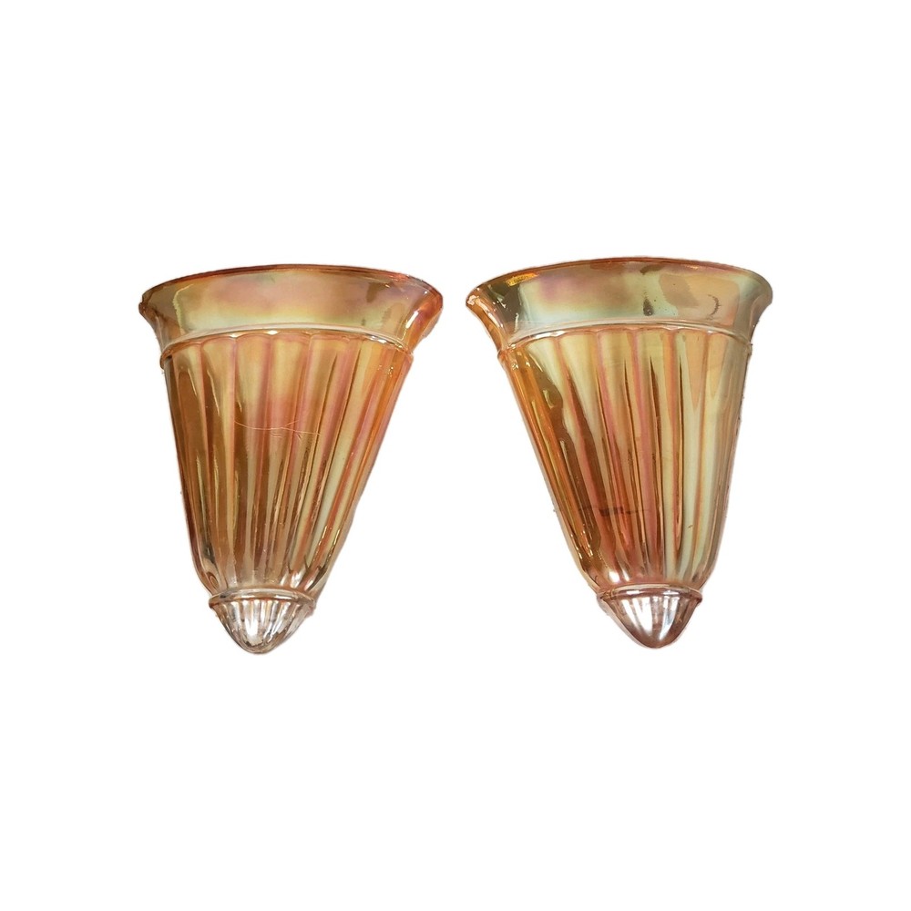 Set of 2 Vintage Imperial Carnival Glass Fan Shaped Wall Pocket Marigold Ribbed