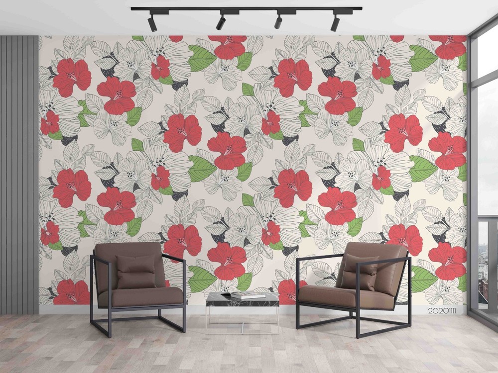 3D Pink White Hibiscus Pattern Wall Murals Wallpaper Murals Wall Sticker