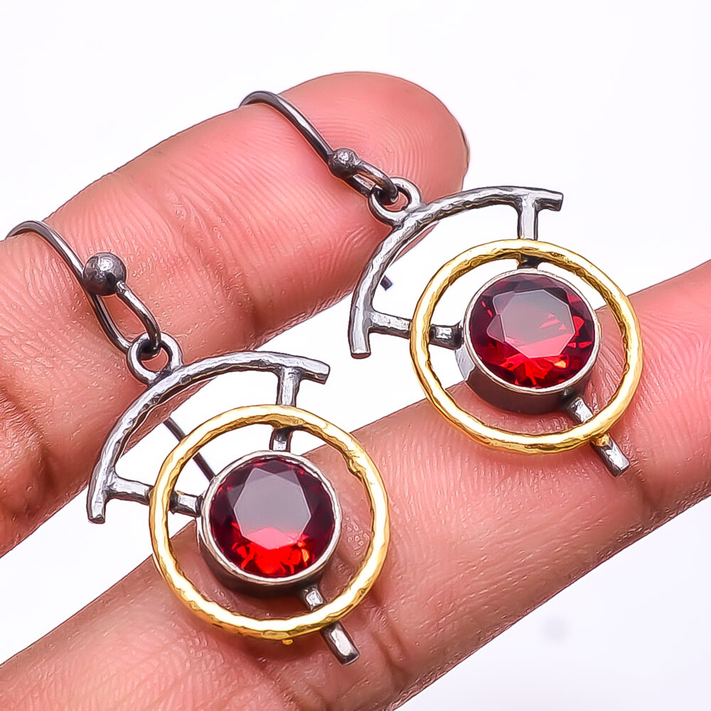 Red Garnet Gemstone 925 Silver Black & Gold Rhodium Plated Earring 1.64