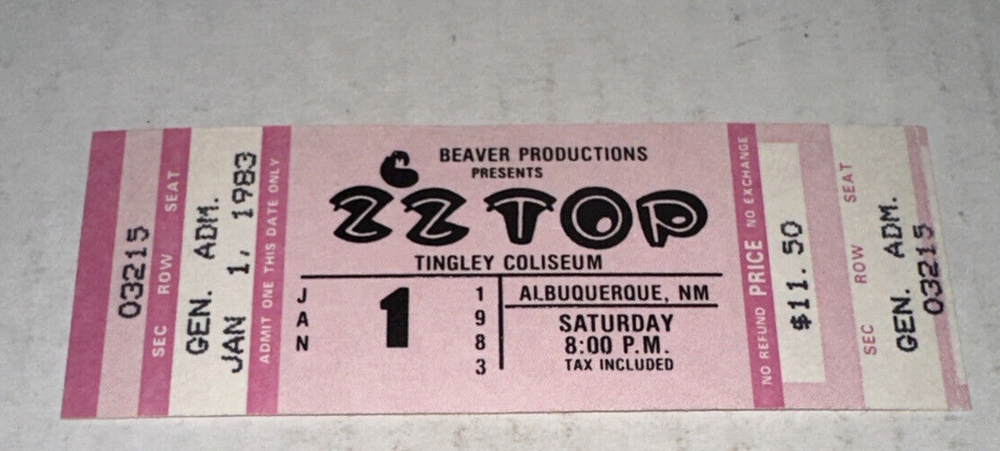 New Years Day 1/1/83 ZZ TOP Untorn Full Concert Ticket Stub Tingley Albuquerque-image