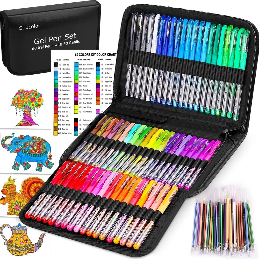 Gel Pens for Adult Coloring Books, Deluxe 120 Pack-60 Colored Gel Pens, 60 Refil