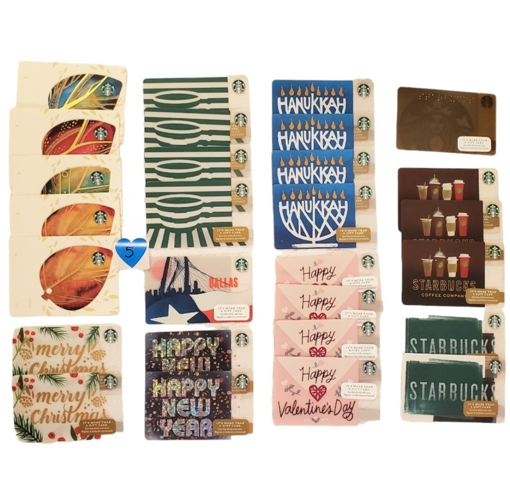 Starbucks Gift Card LOT 5 Die-Cut Leaves New Year Dallas Hanukkah Valentine Line-image