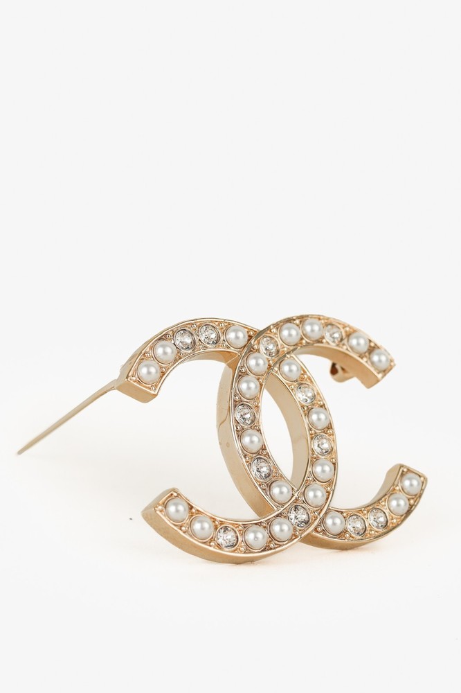 Chanel Gold Pearl Crystal CC Brooch Elegant Statement Piece