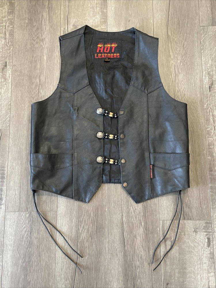 VTG Hot Leathers Black Leather Vest Sz Medium Bikers Motorcycle Harley Davidson