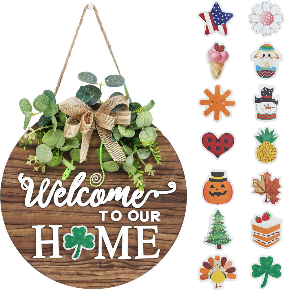 Interchangeable Seasonal Welcome Sign Front Door Decoration, Rustic round Wood-image
