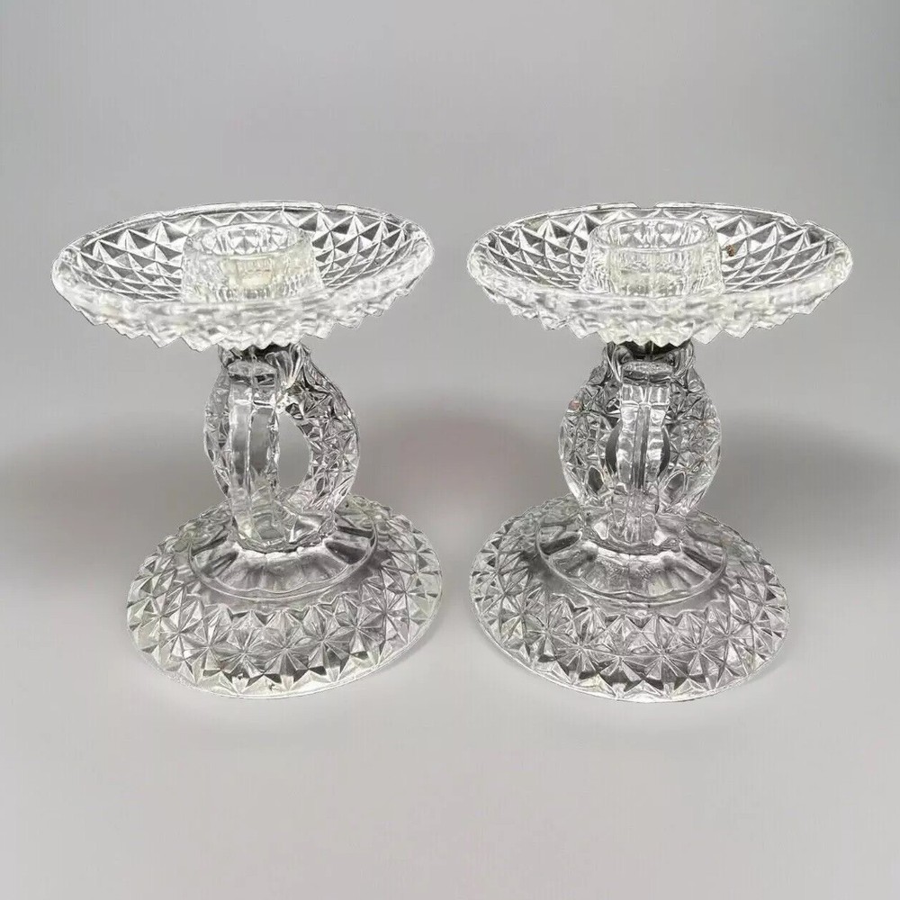 Vintage Pressed Glass Imperial Candle Stick Holders 4” Art Deco Matching Pair