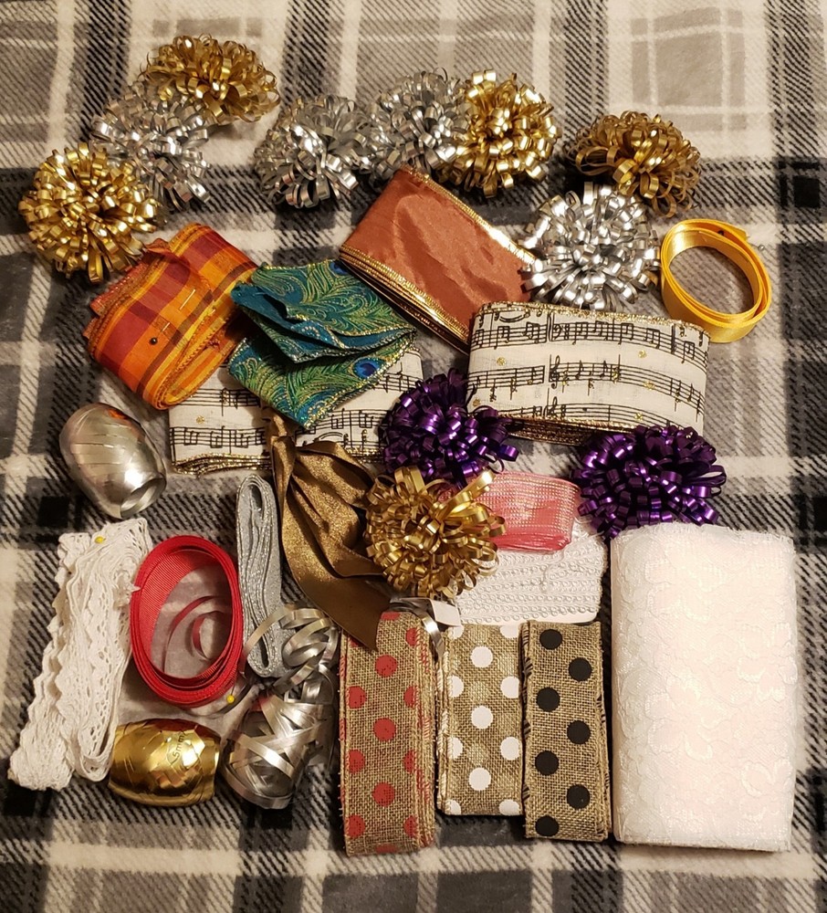 Lot Of Fun, Various Colored Ribbons, And Bows For Crafts! Some New, Some Used