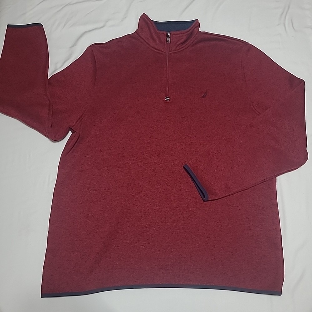 Nautica Men's Red Long Sleeve Fleece Sweater 2XL 1/4 Zip Pullover Logo