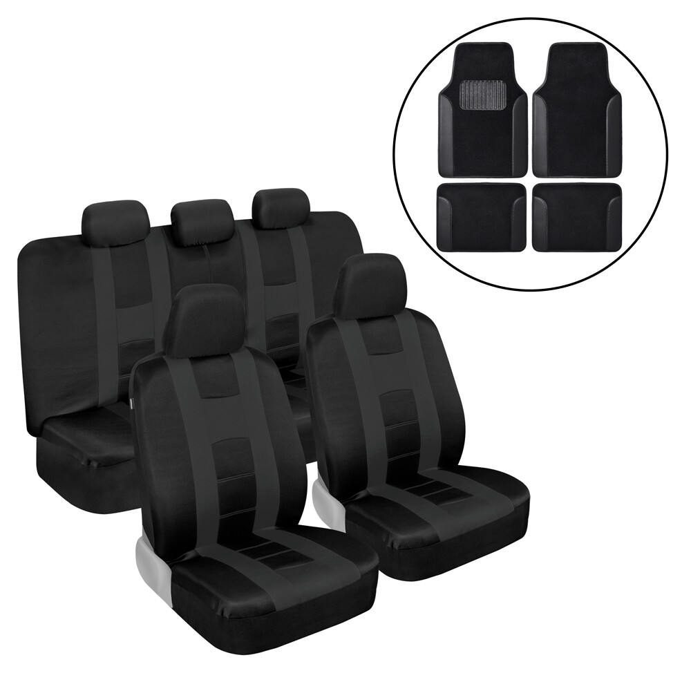 carXS Full Set Charcoal Car Seat Covers with Black Carpet Floor Mats Combo