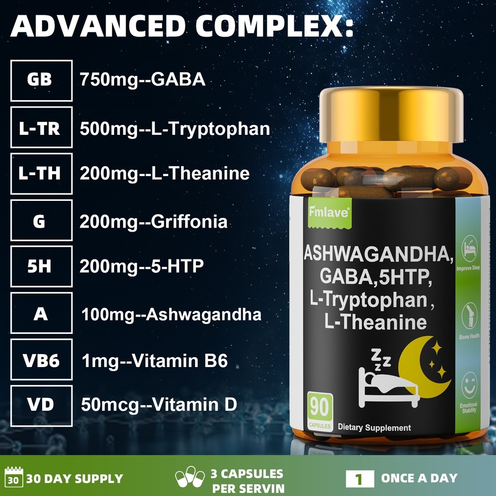 5-HTP, Ashwagandha, GABA+12 Ingredients for Sleep Aid, Relaxation & Rejuvenation