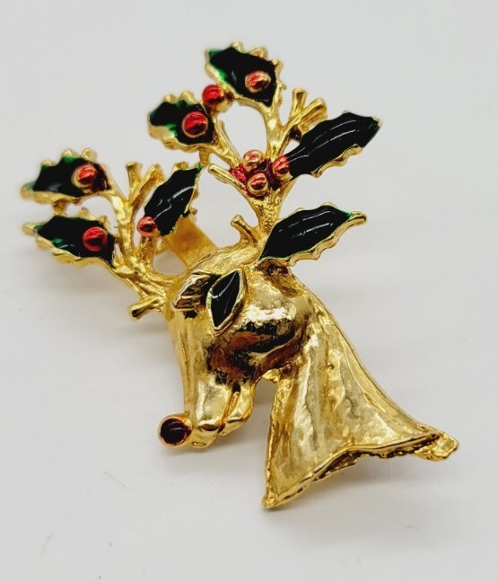 Reindeer Christmas Brooch Enamel Gold Tone Deer Red Nose Pin Holiday Gift