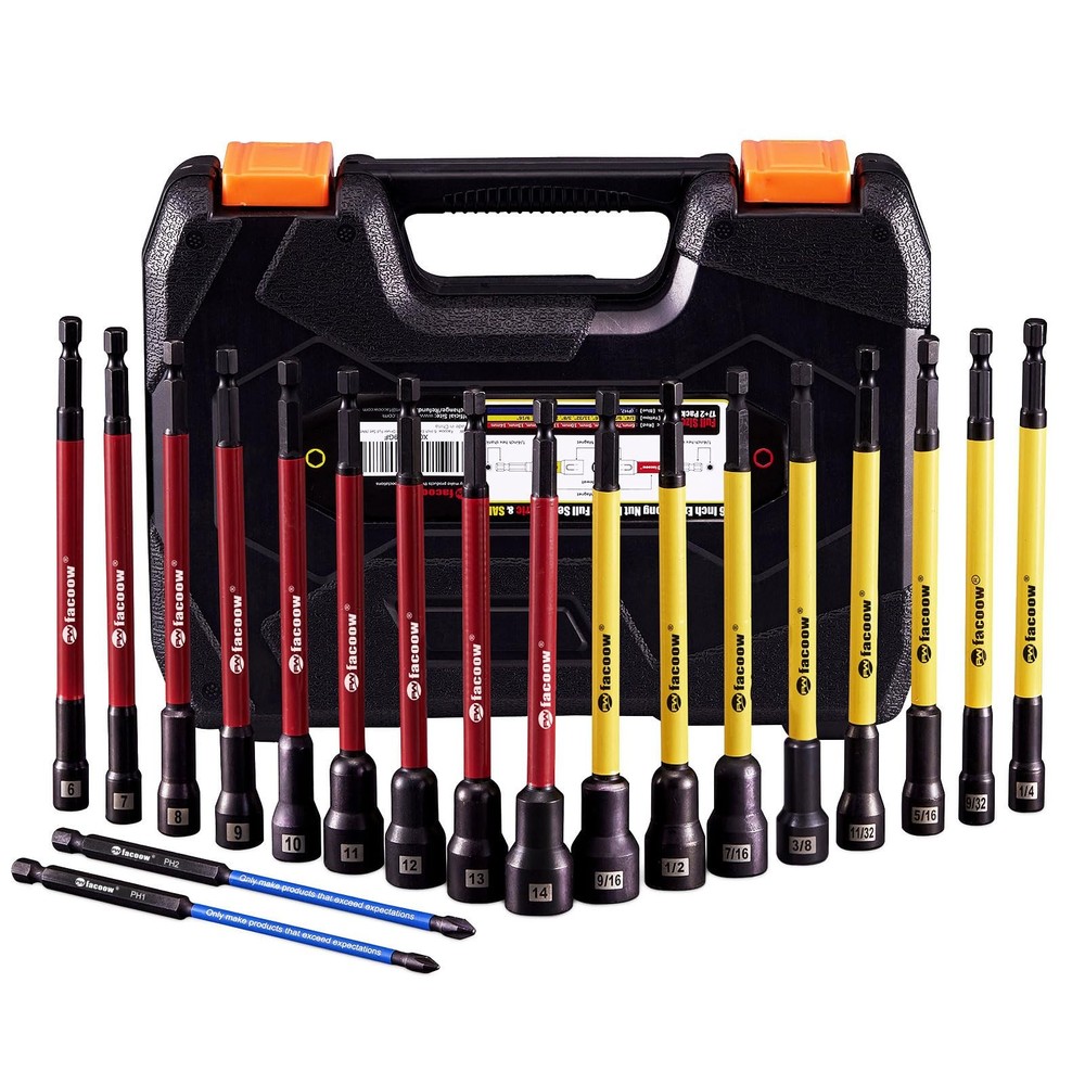 19-Piece Facoow Magnetic Nut Driver Set for Impact Drills - Metric & SAE Sizes Included