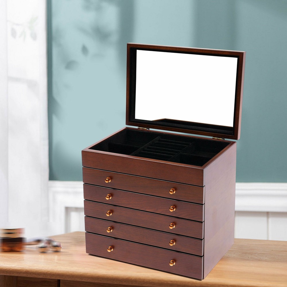 6-Layer Vintage Wooden Jewelry Organizer Storage Box for Accessories