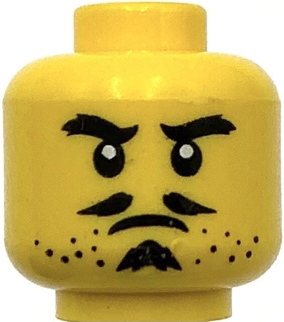 Angry Lego Minifigure Head with Gray Stubble and Black Moustache